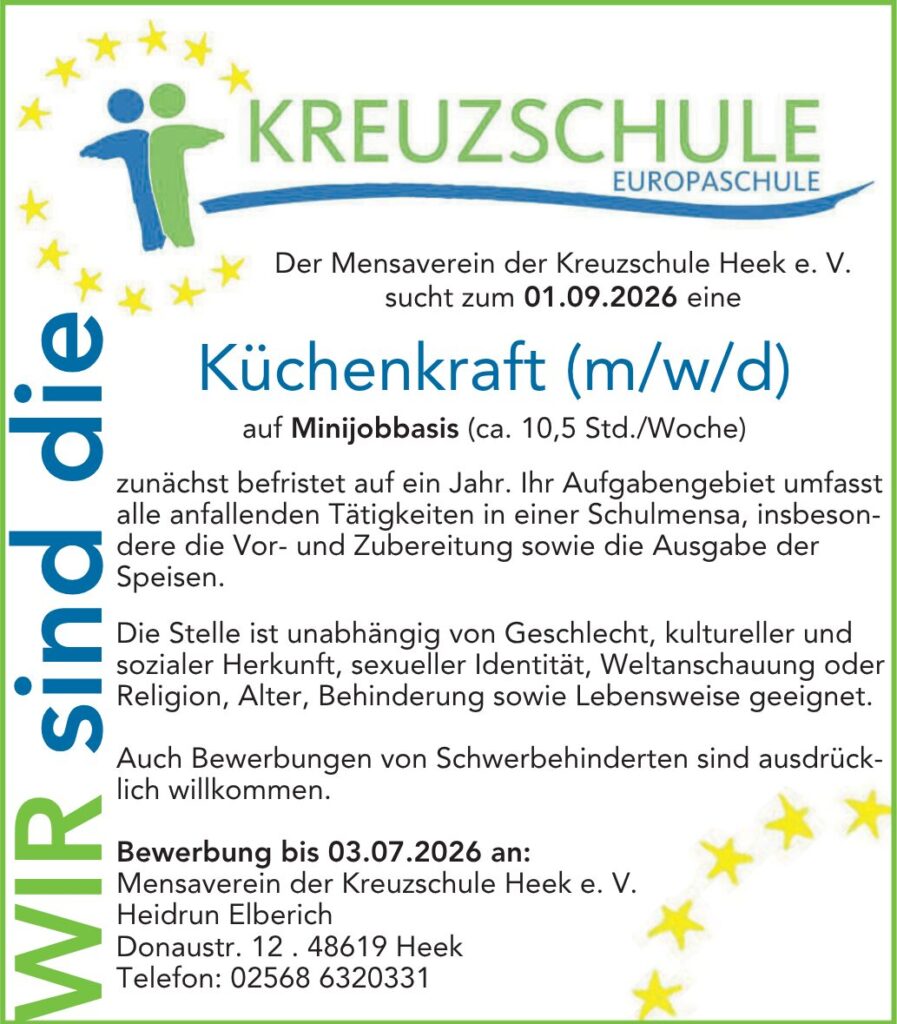 Küchenkraft (m/w/d)  auf Minijobbasis (ca. 10,5 Std./Woche) zum 1.09.2026 gesucht